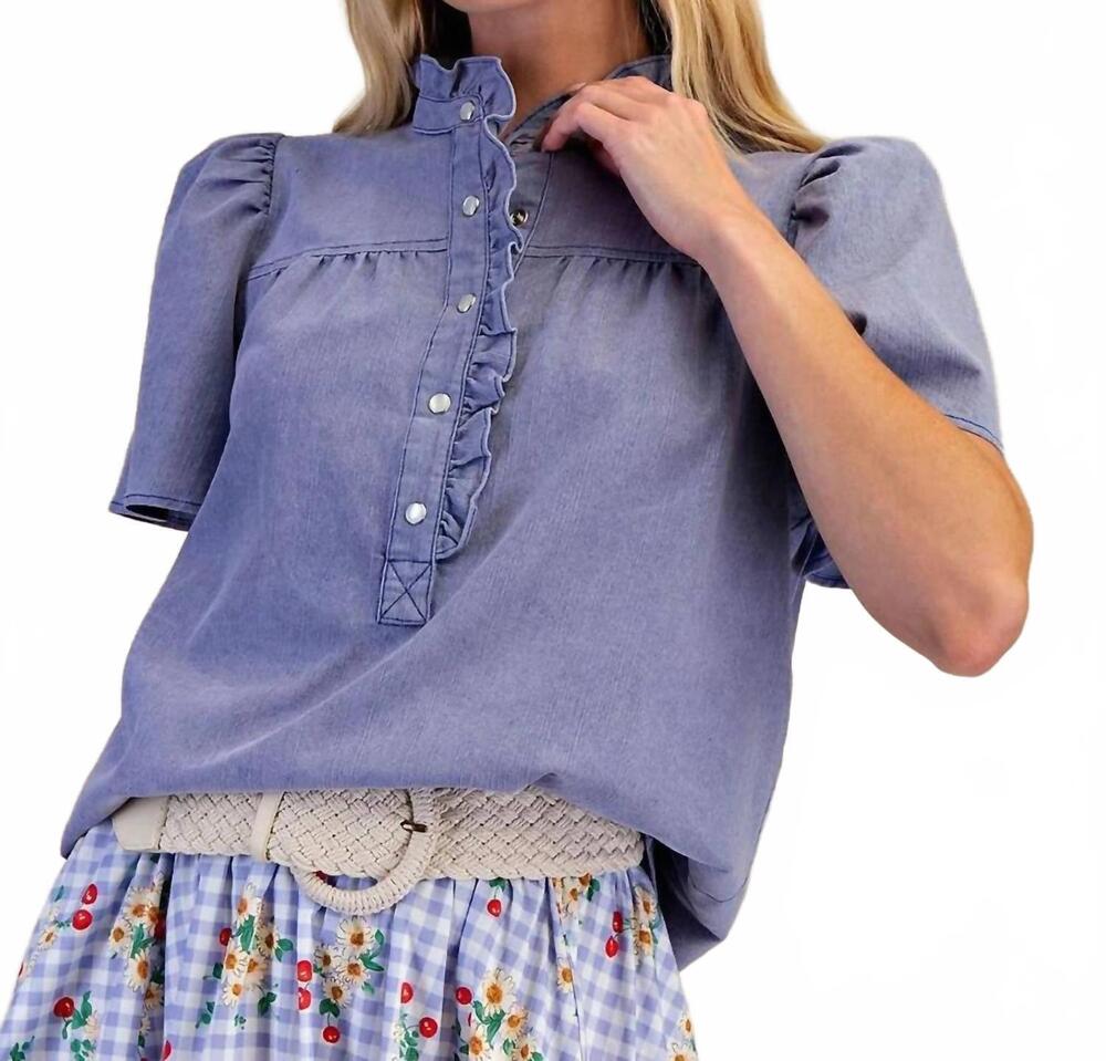 NEW EASEL snap front ruffle neck top in denim